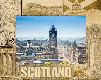 Puede incluir: Una ilustración de estilo vintage de Edimburgo, Escocia, con una torre del reloj en el centro y el texto "SCOTLAND" en la parte inferior. La ilustración está rodeada por un borde de madera marrón.