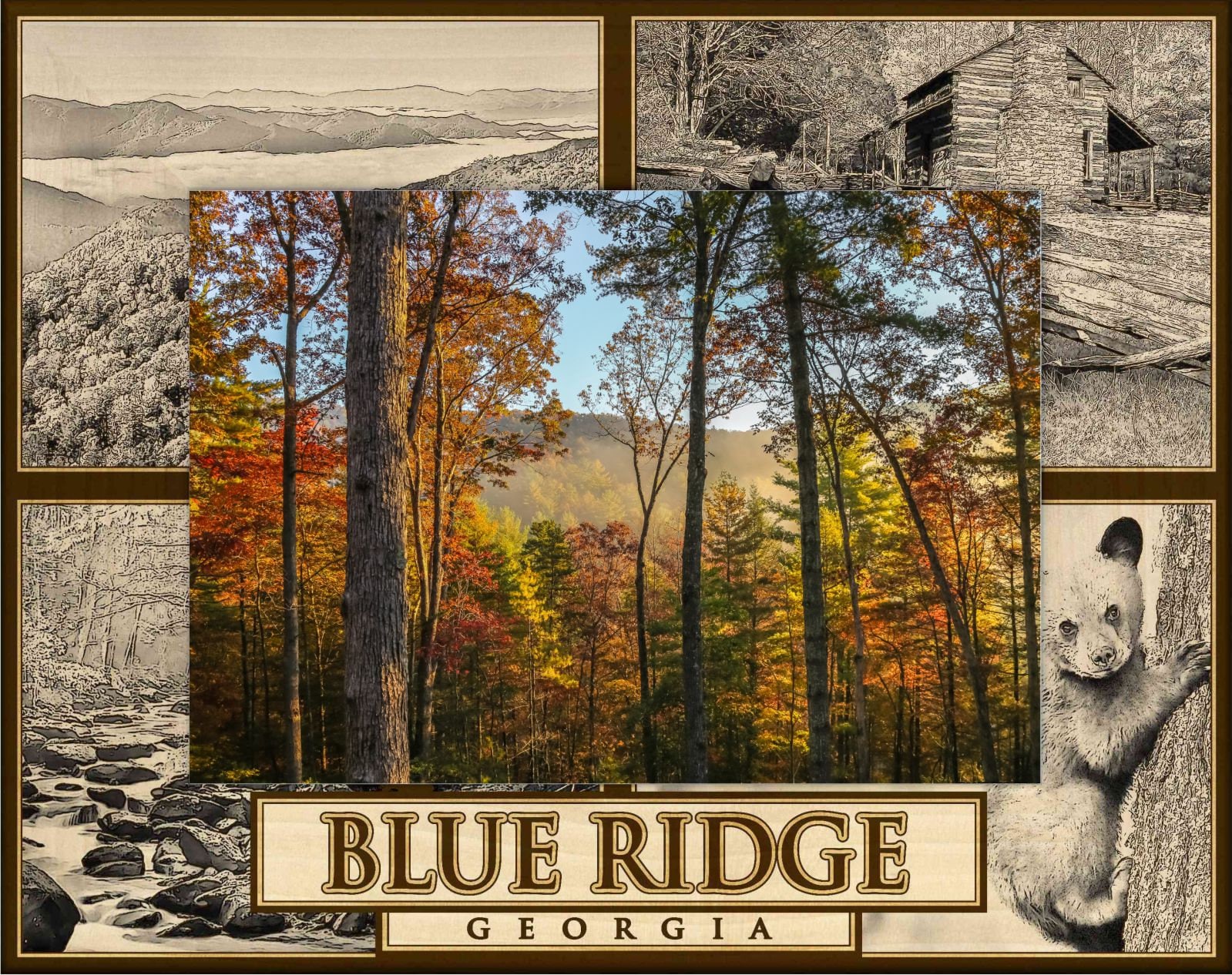 Blue Ridge Georgia With Bear and Cabin Laser Engraved Wood Picture ...