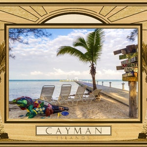 May include: A colorful, mosaic-style iguana sculpture sits on a sandy beach with lounge chairs and a wooden pier leading to a gazebo in the distance. The pier has a sign with destinations written on it, including "Australia", "Tahu Republic", "Argentina", "New York", and "India". The sign is on a wooden post with a palm tree behind it. The sky is blue with white clouds. The text "CAYMAN ISLANDS" is at the bottom of the image.