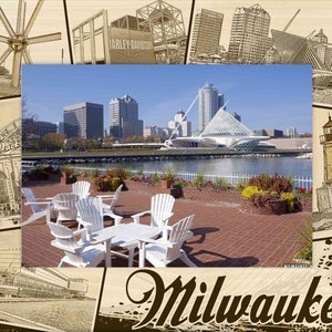 May include: A vintage postcard featuring a collage of images of Milwaukee, Wisconsin. The postcard includes images of the city skyline, the Milwaukee Art Museum, the Harley Davidson Museum, and Miller Park. The postcard also includes a picture of a lighthouse and a windmill.