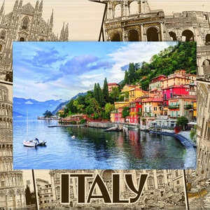 May include: A collage of images depicting various landmarks in Italy, including the Leaning Tower of Pisa, the Colosseum, and a picturesque Italian village by a lake. The word "ITALY" is printed in brown letters at the bottom of the image.