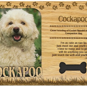 May include: A wooden picture frame with a cutout of a dog bone and the word "Cockapoo" in large letters. The frame has a photo of a white Cockapoo dog inside. The text below the photo reads "Cross breeding of Cocker Spaniel and Poodle Companion dog I'm as cute as can be just meet me and you'll see I love to romp and to play will do anything you say just teach me well and you'll agree - Lizbeth Plant"