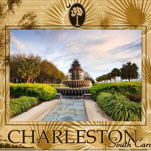 May include: A photograph of the Pineapple Fountain in Charleston, South Carolina. The fountain is a large, ornate structure with a pineapple on top. The fountain is surrounded by lush greenery and palm trees. The sky is blue and cloudy.