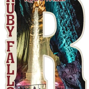 May include: A photograph of Ruby Falls, a waterfall in a cave, with the word "RUBY FALLS" printed above the image. The image is shaped like the letter "R".