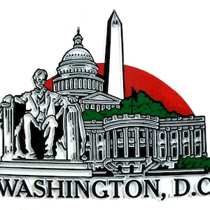 May include: A black and white illustration of the Washington Monument, the Capitol Building, and a statue of Abraham Lincoln. The background is a red and white sunset. The text "WASHINGTON, D.C." is at the bottom of the image.