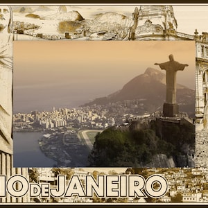 May include: A vintage-style postcard featuring a sepia-toned image of Christ the Redeemer statue overlooking the city of Rio de Janeiro, Brazil. The postcard has the text "Rio de Janeiro" printed at the bottom.