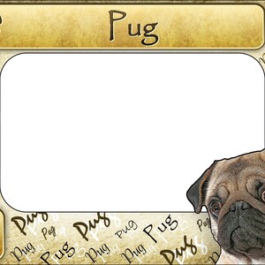 May include: A decorative frame with a pug dog illustration. The frame has a white center, a tan background with the word "Pug" repeated, paw prints, and a bone icon. The word "Pug" is written at the top.