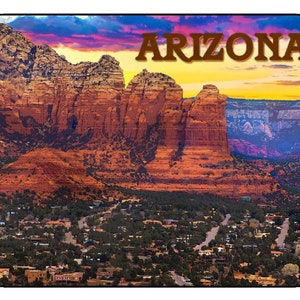 May include: A scenic view of red rock formations in Arizona at sunset. The text "ARIZONA" is superimposed on the image.