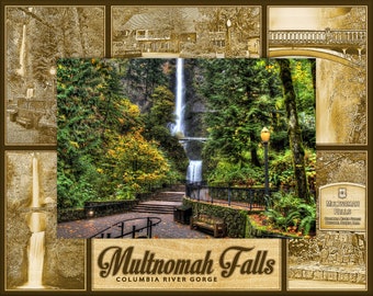 May include: A scenic view of Multnomah Falls in the Columbia River Gorge. The falls cascade down a rocky cliff face, surrounded by lush green trees and a stone walkway. A sign reads "Multnomah Falls, Columbia River Gorge".