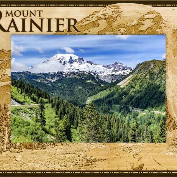 Mount Rainier Mt. Scene Laser Engraved Wood Picture Frame