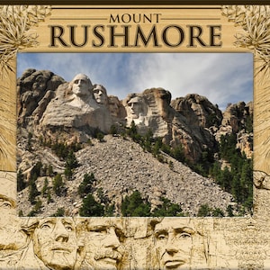 May include: A framed photograph of Mount Rushmore National Memorial in South Dakota. The image shows the four presidents carved into the granite mountainside: George Washington, Thomas Jefferson, Theodore Roosevelt, and Abraham Lincoln. The frame is made of wood and has a brown finish. The text "MOUNT RUSHMORE" is printed on the frame.