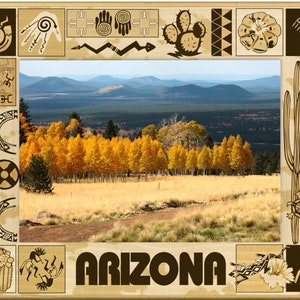 May include: A brown wooden picture frame with an image of a landscape with trees and mountains. The frame is decorated with Native American-inspired designs and the word "ARIZONA" is printed in brown letters at the bottom.