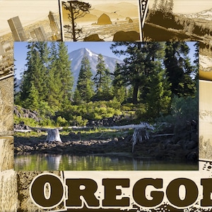 May include: A collage of vintage postcards featuring scenic views of Oregon, including a mountain range, a lake, a forest, and a cityscape. The word "OREGON" is printed in large, bold letters at the bottom of the collage.