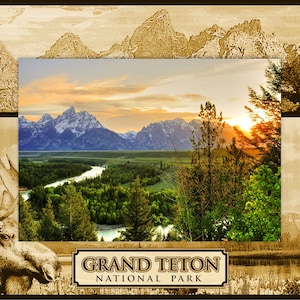 May include: A scenic photograph of the Grand Teton National Park in Wyoming. The image shows a mountain range with snow-capped peaks, a winding river, and lush green trees. The sun is setting in the background, casting a warm glow over the landscape. The text "Grand Teton National Park" is displayed at the bottom of the image.