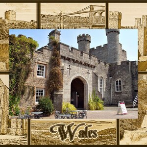 May include: A collage of images depicting various landmarks and castles in Wales. The central image shows a stone castle with a large arched entrance. The other images show a bridge, a waterfall, and other castles.