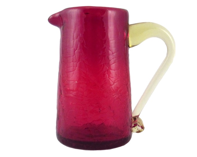 Pilgrim Crackle Glass Creamer in Cranberry - 1960s | Glass Cruet | Hand-blown Glass