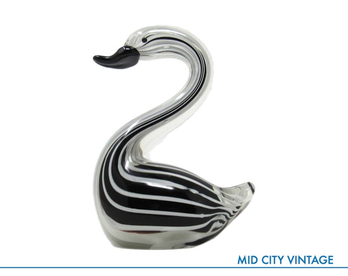 Glass Swan Figurine in Black and White, Glass Knick Knacks, Glass Paper Weights