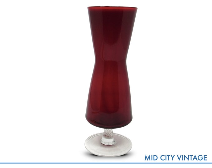 Vintage 1960s Ruby Red Glass Vase - Cinched Waist on Textured Pedestal Base, 9" Tall, Unique Home Decor