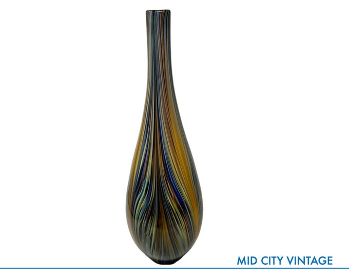 Tall Glass Teardrop Vase with Vertical Stripes in Orange, Brown, Lavender, and Pastel Green | Tall Glass Vase | Vintage Glass Vase