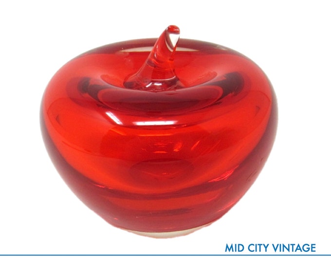 Red Glass Apple Paperweight | Mid Century Modern Desk Accessory | Coffee Table Decor | Vintage Red Glassware