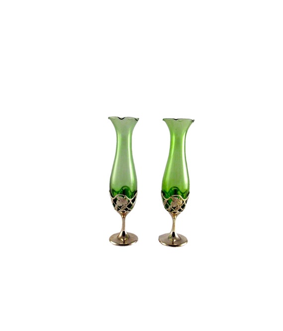 Clearance Vintage Japanese Green Glass Bud Vases In Silver Etsy