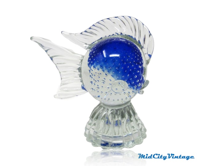 Blue and Clear Fish Figurine with Controlled Bubbles, Vintage Glassware, Hand Blown Glass, Desk Paper Weight, Coffee Table Decor