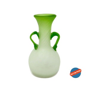 Satin Green Glass Handled Vase - Hand Blown