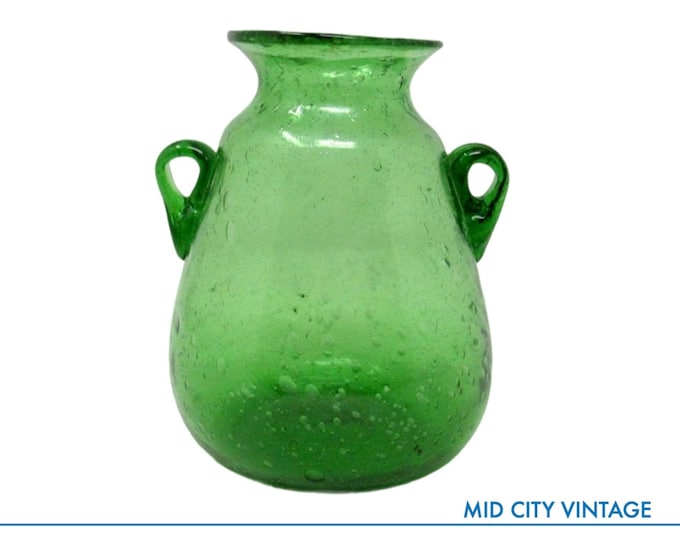 Lime Green Glass Vase - Double-Handled, Amphora Style, Unique Gift, Collectible Glassware