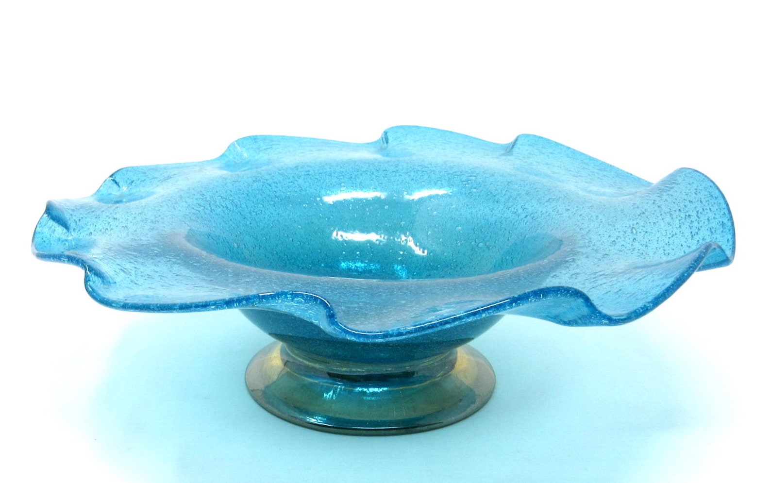 Vintage Hand Blown Glass Fruit Bowl Blue Ruffled Glass Etsy