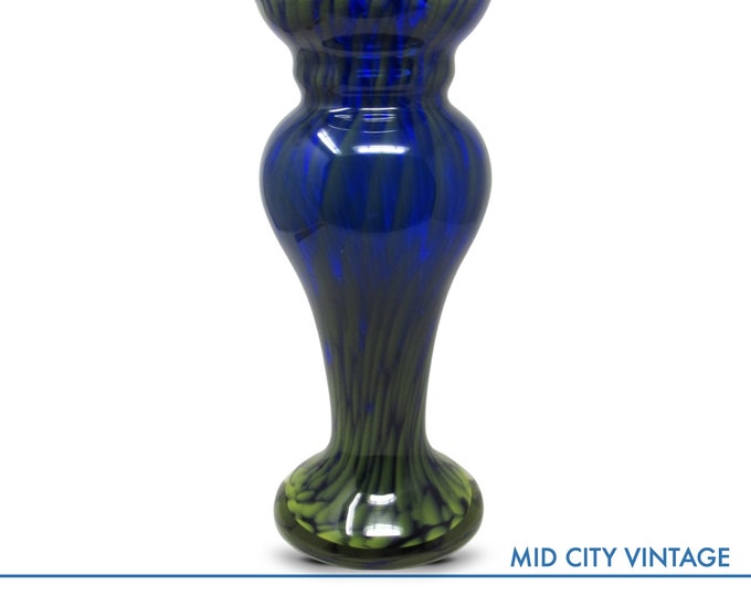 Justyna Krosno Cobalt Blue Glass Vase - 15" Tall Yellow Dabbed Centerpiece, Elegant Hand-Blown Decor for Dining & Living Room