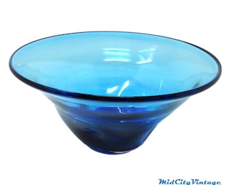 Hand-blown Blue Glass Decorative Bowl - 1980s | Vintage Glassware