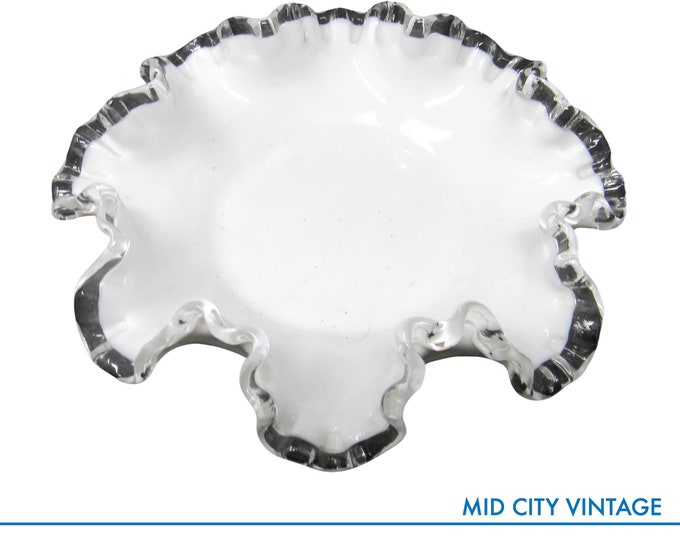 Vintage Fenton White Glass Bowl, Crimped Ruffled Rim, Elegant Table Decor, Collectible Glassware, Vintage Glassware, White Glassware