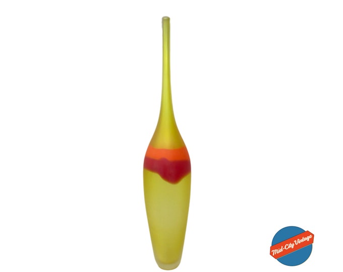 Yellow Hand-Blown Glass Vase – Signed by Artist, Jaime Harris Glass, Yellow, Orange, and Red in Satin Finish, Bowling-pin Style Vase