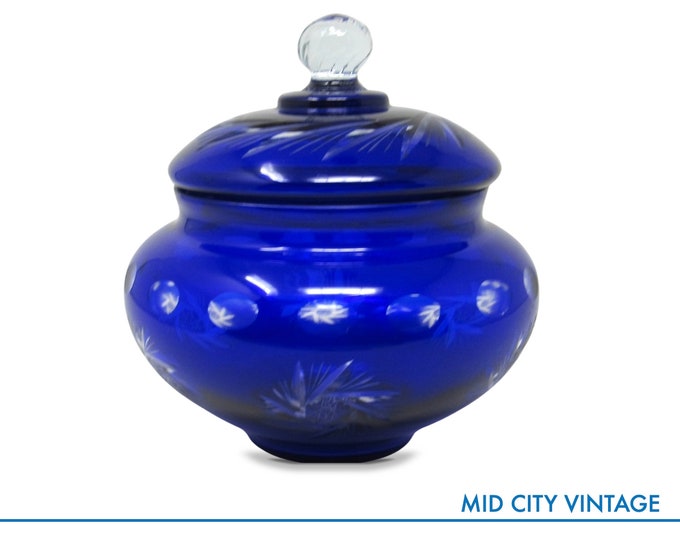Cobalt Blue Cut-to-Clear Crystal Candy Bowl with Lid