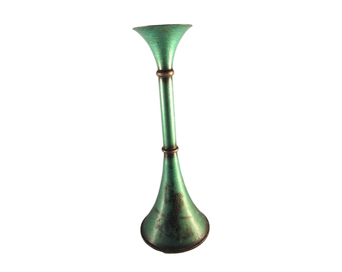 Vintage Japanese Green Glazed Metal Trumpet Vase with Hand Painted Figure