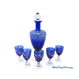 Vintage Gilt Blue Glass Liquor Decanter Set: Gold Painted Flowers, 6 Cordials