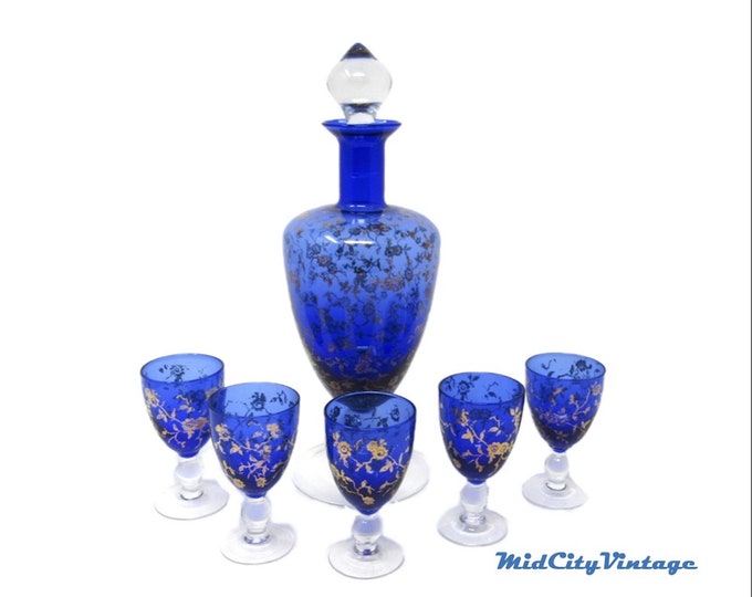 Vintage Gilt Blue Glass Liquor Decanter Set with Six Cordials | Gold Painted Flowers | Bar Decor | Vintage Glassware