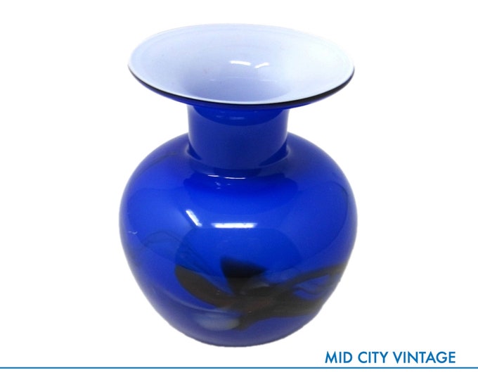 Hand-Blown Blue and Black Glass Flower Vase - Vintage Glass Home Decor