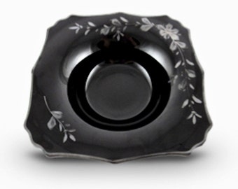 Black Amethyst Glass Console Bowl - 1930s | Sterling Silver Enamel Overlay |