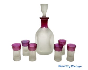 Frosted Pinched Glass Decanter Set with Cranberry Accent - Set of 6 Cordials - Vintage Barware