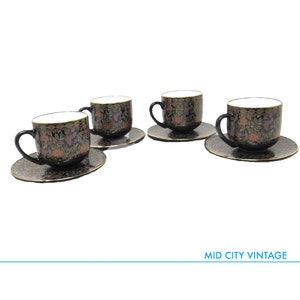 Set of Four Coffee Cups and Saucers with Ornate Floral Pattern | Vintage Japanese Ceramics