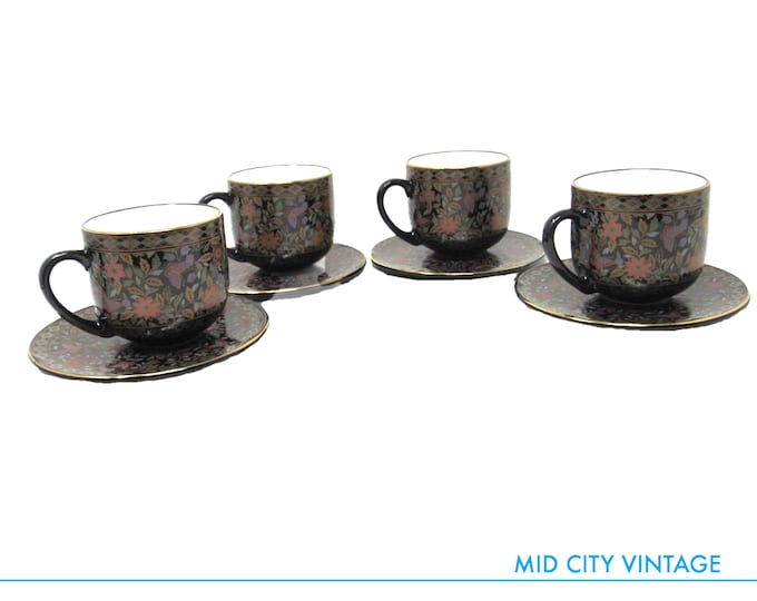 Set of Four Coffee Cups and Saucers with Ornate Floral Pattern | Vintage Japanese Ceramics