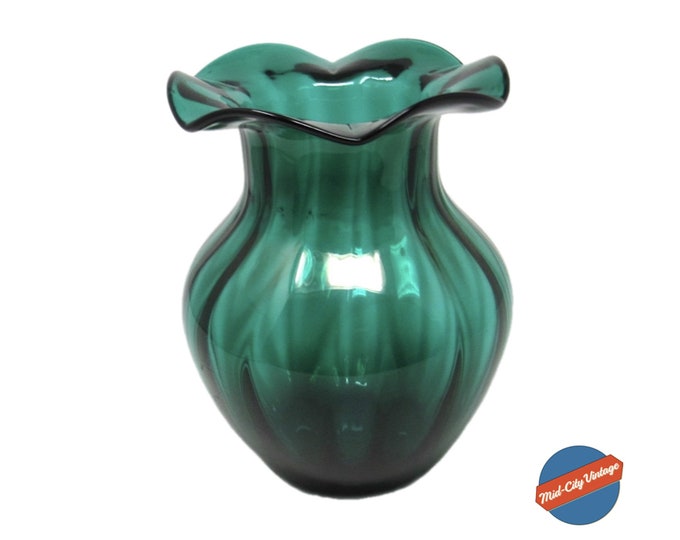 Vintage Teleflora Green Ruffled Optic Glass Vase - 1980s | Vintage Flower Vase | Green Glass Decor | Green Glassware