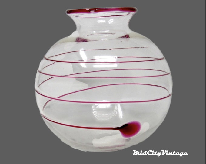 Blenko-style Clear Glass Vase with Cranberry Coil Decoration, Vintage Glassware, MCM Decor, Blown Glass Vase