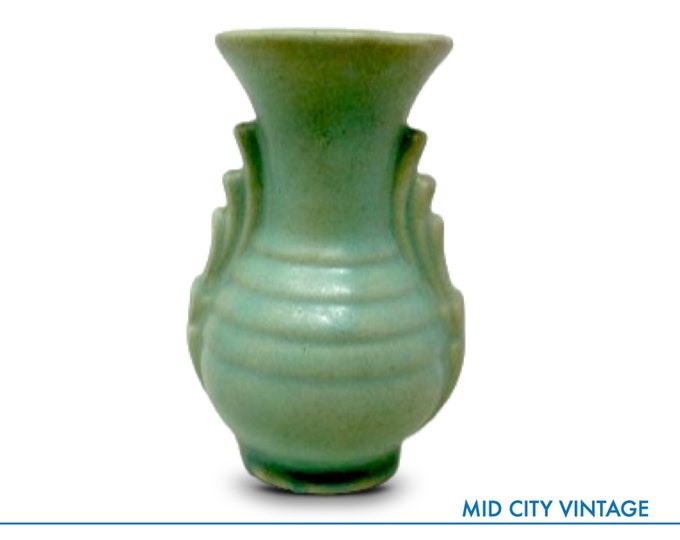 Vintage 1940s FAPCO Green Pottery Vase - Art Deco Ribbed Cabinet Vase with Flared Neck, 4.5" Tall