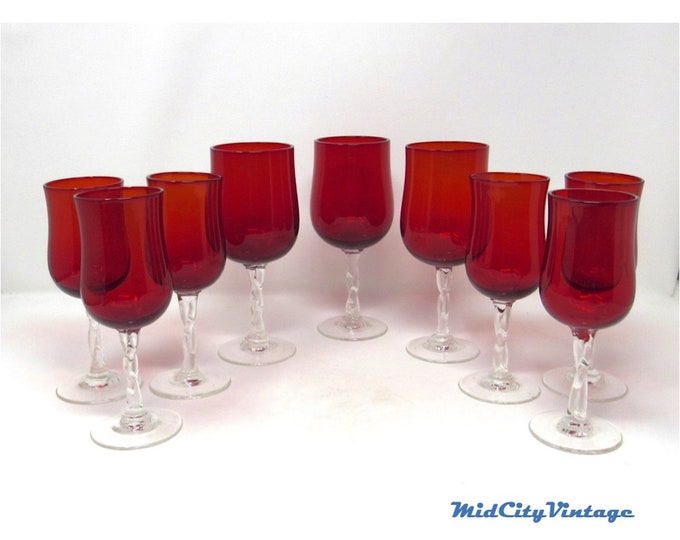 Glass Water Goblets (3) and Wine Glasses (6) in Ruby Red, Vintage Glassware