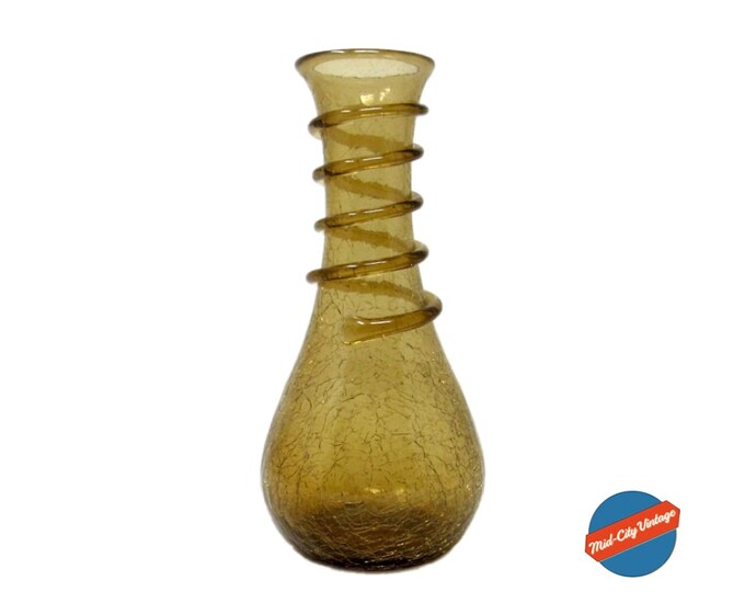 1960s Hand-blown Amber Crackle Glass Vase with Serpentine Coil Decoration | Vintage Glass Vase | MCM Home Decor