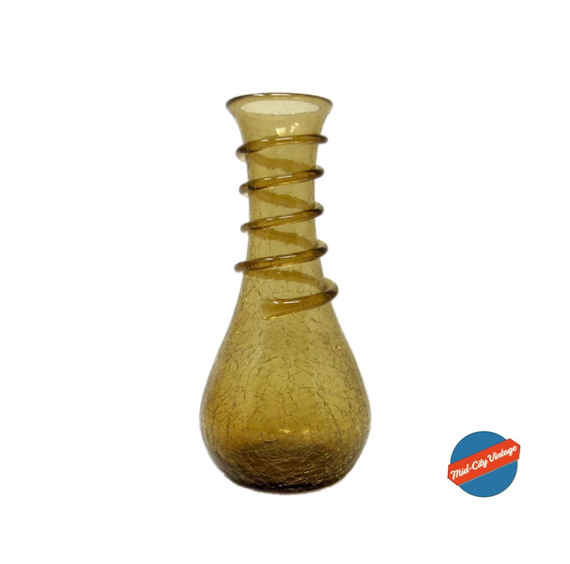 1960s Handblown Amber Crackle Glass Vase with Serpentine Coil