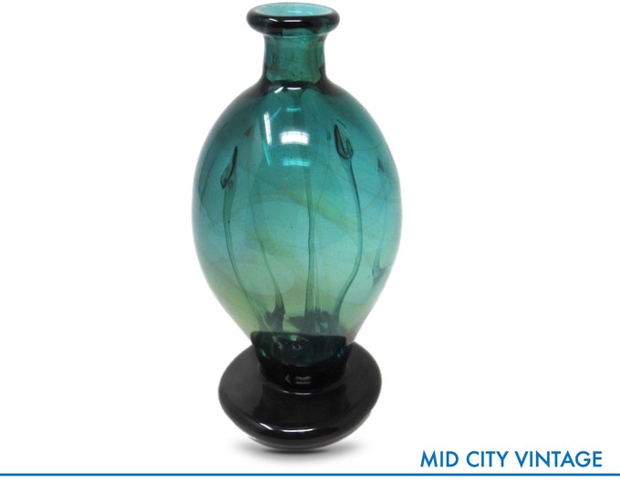 Hand-blown Green Glass Vase with Interior Veins of Glass | Vintage Glass Vase | Unique Glass Home Decor