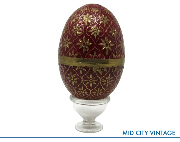 Vintage Solid Brass Egg Trinket Holder with Red Enamel Floral Design | Vintage Brassware